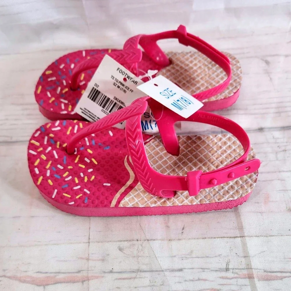 Girls Flip Flop Sandals Pink Ice Cream Sprinkles Kids Size Medium 7/8‎